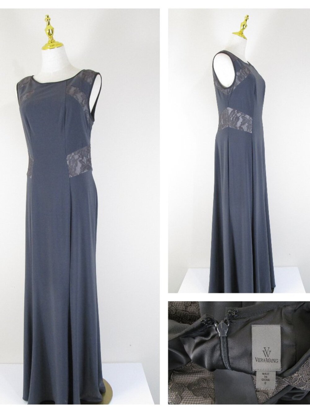 Vera Wang Vintage Womens Solid Gray Formal Full Length Gown Dress Size 8